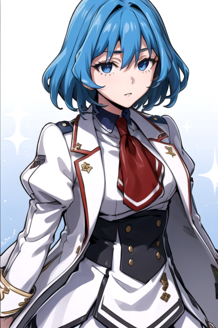 YuikaMizuha, 1girl, solo, short hair, blue eyes, white skirt, long sleeves, blue hair, puffy sleeves, uniform, red ascot, white jacket