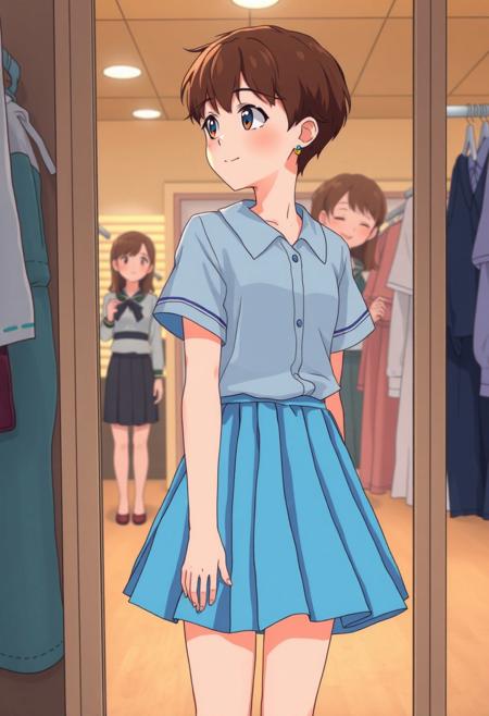 A preteen androgynous boy, around, stands in a clothing store fitting room wearing a sky-blue pleated skate-style miniskirt. he is slender and androgynous, with short brown hair and small button earrings that look recently pierced. he wears a school uniform shirt. he stands in front of a full-length mirror, looking at hem reflection with a mix of awe and quiet happiness. Her mother, just outside the mirror’s reflection, watches supportively. The lighting is soft and warm. The mood is intimate and emotional, symbolizing a moment of self-discovery and quiet triumph. anime style