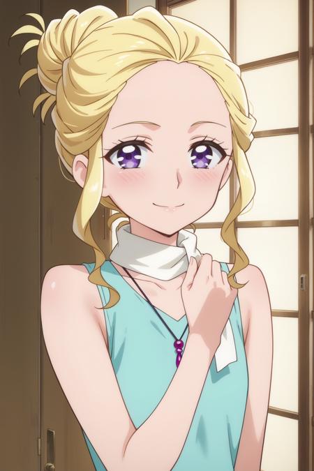 1girl, fuurin asumi, healin' good precure, purple eyes, blonde hair, straight hair, long hair, dress, collarbone, necklace,  hair bun, collarbone, sleeveless, scarf, necklace,   1girl, cure earth, healin' good precure, blue eyes, long hair, purple hair,  magical girl, purple dress, circlet, hair ornament, earrings, collarbone,  anime screencap, anime coloring,