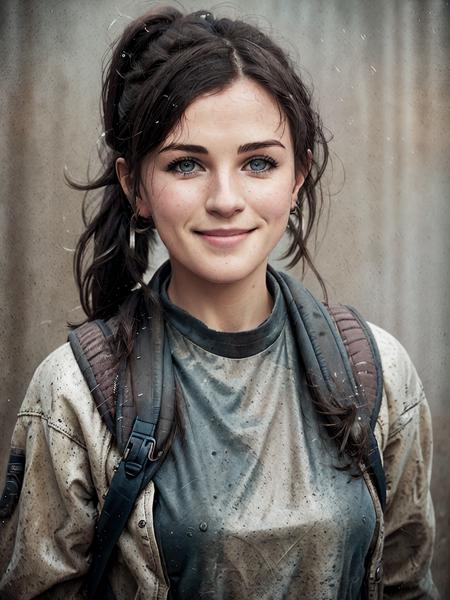 Aisling Bea, a young woman, street smiling, backpack, ponytails, epic realistic, photo, faded, complex stuff around, intricate background, soaking wet, neutral colors, ((((hdr)))), ((((muted colors)))), intricate scene, artstation, intricate details, vignette <lora:Aisling-Bea-v10:0.7>