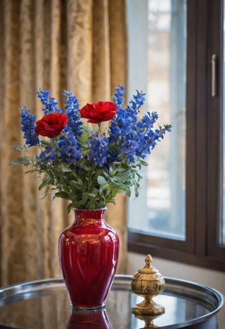 A red vaze with blue flowers on Round steel table and a window with golden  blinds , luxury interior, bokeh, nikon