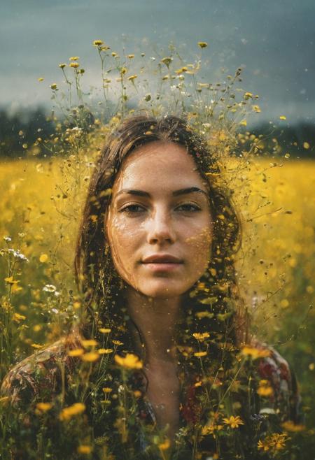 Conceptual Double Exposure: A creative portrait combining a person's face with elements of , Rainy ReflectionsSunlit Meadows (Color): Blend a face with the bright and cheerful elements of a sunlit meadow, filled with wildflowers and golden light, creating a sense of warmth and joy. Use a Fujifilm X-T4 with a 56mm f/1.2 lens.