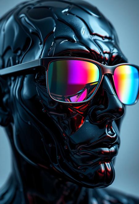 "Create a hyper-realistic image of a face composed of oil spill, with a dark, viscous texture and a mesmerizing iridescence. The face is intricately detailed, with every ripple and imperfection visible. The oil seems to shift and flow like a liquid, as if it's still moving. The face is wearing a pair of glasses with Holographic colored lenses, which shimmer and glow with a rainbow of colors. The lenses seem to shift and change as the viewer looks at them, creating a dizzying, holographic effect. The overall effect is one of eerie, futuristic beauty." highest-Quality, 8 k, intricate details, visually stunning, Masterpiece