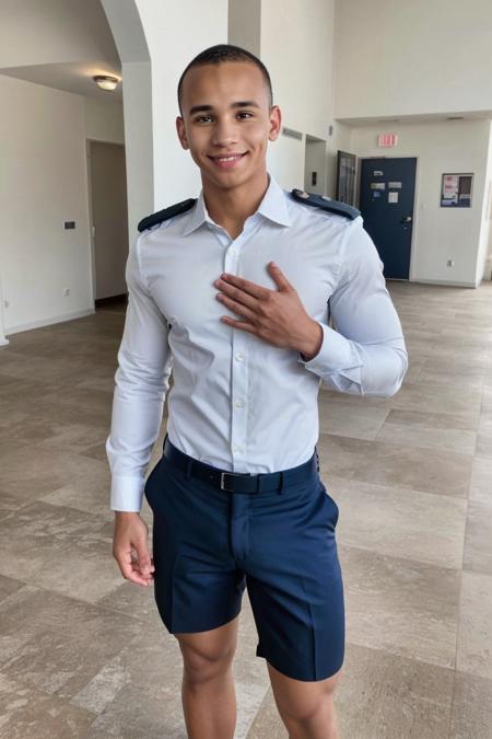 realistic, sfw, an attractive 18 years old fit caucasian boy standing, smug, full body shot, police uniform, <lora:deividcravo__lora:0.7>, deividcravo_,