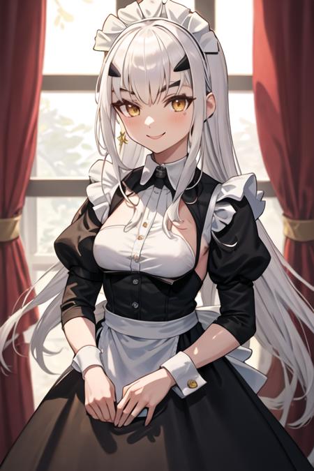 best quality, masterpiece, highres, solo, {maid:1.40}, {long maid dress:1.15}, {tam_lin_lancelot_fgo:1.15}, long_hair, white_hair, bangs, sidelocks, breasts, forked_eyebrows, small_breasts, brown_eyes, smile, yellow_eyes