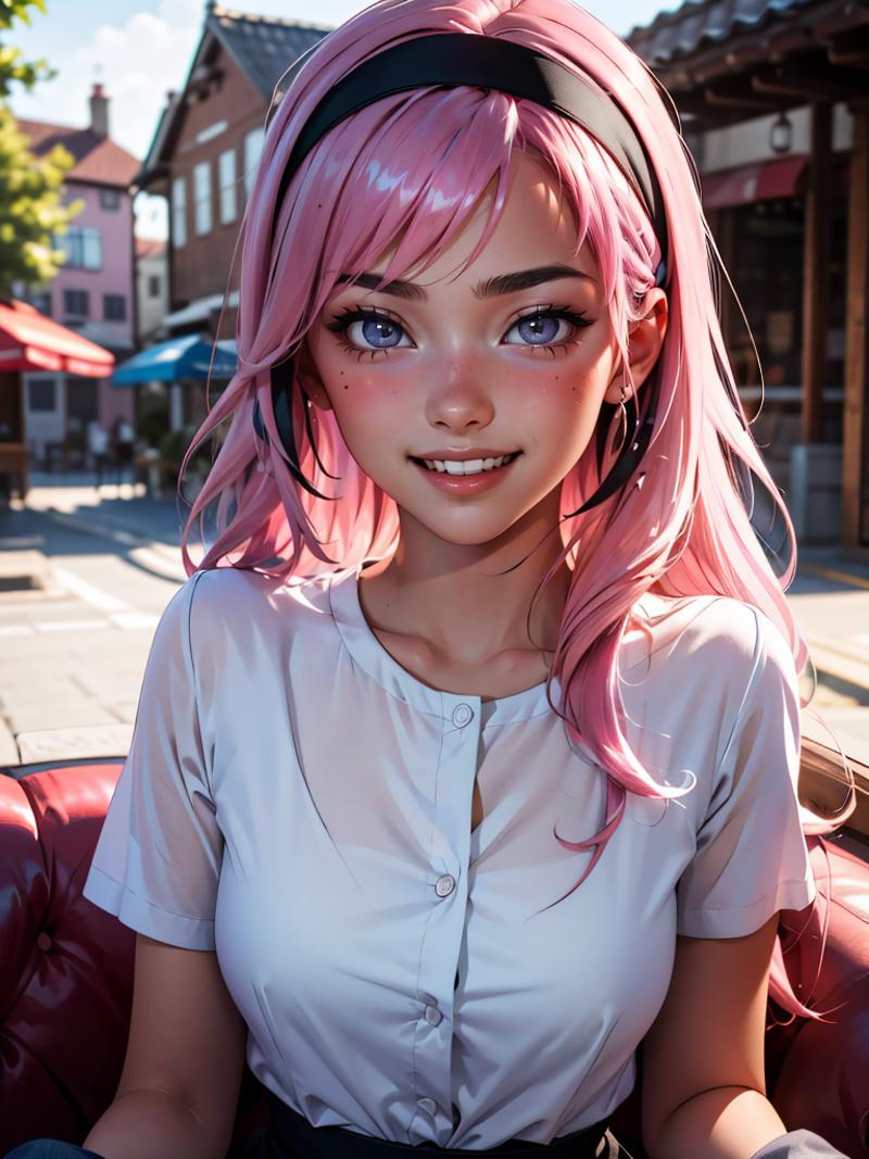A doll with pink hair and a white shirt is smiling for the camera.