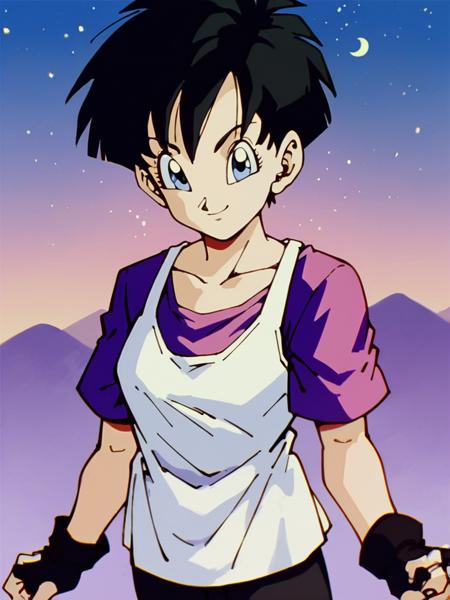 videl, black hair, blue eyes, low twintails, hair tubes, videl, black hair, blue eyes, black hair, short hair, bangs, spiked hair, fingerless gloves, white t-shirt, short sleeves, long t-shirt, bike shorts, badge, purple t-shirt, short sleeves, white tank top, long tank top, black leggings,