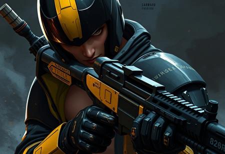 Create a close-up illustration of a warrior with a gun, featuring a black armor exoskeleton with yellow accents, inspired by tokusatsu and the art style of Peter Bagge. The character should have a faceless horror human design. The artwork should incorporate a stardust gradient scheme and a black scheme, with a cool jacket over a bare torso. The desired level of detail is high, with micro details, lifelike details, and adherence to the golden ratio. The image should be rendered in 4k, with a 35mm lens, and a noir-inspired aesthetic. The final output should be a hyperrealistic digital painting, with post-processing and octane render. The style should be reminiscent of Andrew Wyeth's concept art, with a focus on charism and beauty. The image should be suitable for display on Amiami and Artstation, with a trending and high-quality aesthetic.