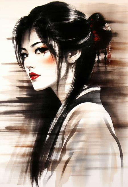 Expressive Watercolor Ink Wash, sepia, henna , inksketch, Silhouette Art, magnificent, dark background, portrait of stunning japanese woman, long dark hair with platinum streaks, sidelocks, bangs, seductive, sultry, lustful, red lips, direct gaze, light hitting one side of face, abstract background