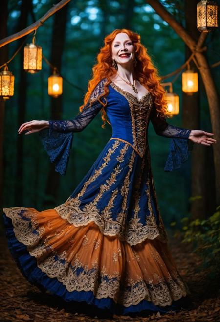 A captivating, cinematic night time photo of elegant beautiful goth vampire woman slowly dancing, slight smile, arms out, smiling, age 50 with long curly orange hair and freckles, full body view. She is dressed in an exquisite, royal blue and gold Victorian dress adorned with intricate lace and white thread patterns. Her long orange hair flows elegantly, and her eyes are a striking shade of green. Matching slippers enhances her look. The background is a mystical, moonlit forest glowing lanterns, creating an atmosphere of supernatural enchantment., DarkFantasy, photo, cinematic,