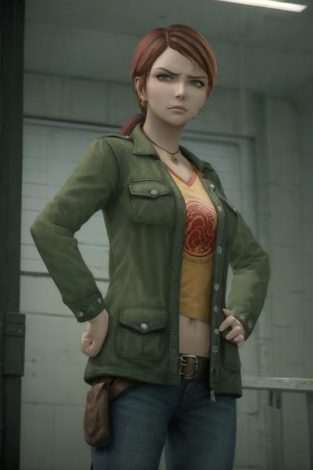 Stacey Forsythe, red hair, short hair, ponytail, jewelry, earrings, necklace, jacket, shirt, belt, jeans, midriff, navel,