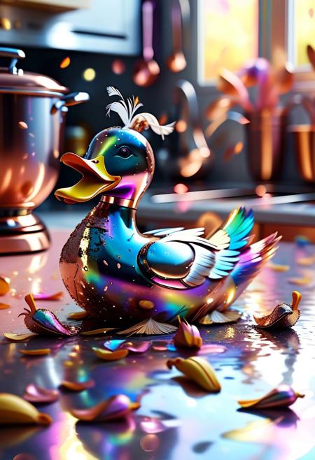 clumsy robotic duck made of l1qu1dp34rl and bouncy rose gold metal, slipping on a rainbow banana peel in a pearlescent kitchen, feathers mid-flop, surreal slapstick shimmer