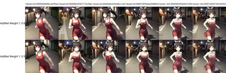 solo, Ootori Hanae, brown hair, ponytail, black eyes, red dress, sleeveless dress, hair flower, hair bow, running, city, street lamp, sweaty