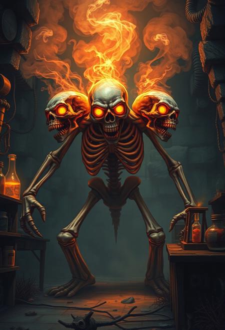 A hulking skeletal undead monstrosity is ransacking a dark underground laboratory. The monster has three heads. The heads are angry and shouting, emanating macabre glowing magical smoke.