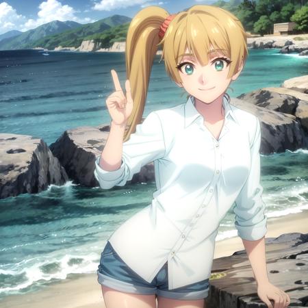 <lora:kirei_shinobi_v1b(outall-sv20-finetuning):1> ocean, beach, mountain, day, blue sky, cloud
BREAK
kirei_olis, 1girl, solo, long hair, blonde hair, side ponytail, green eyes, orange scrunchie, white shirt, sleeves rolled up, blue shorts, looking at viewer, smile