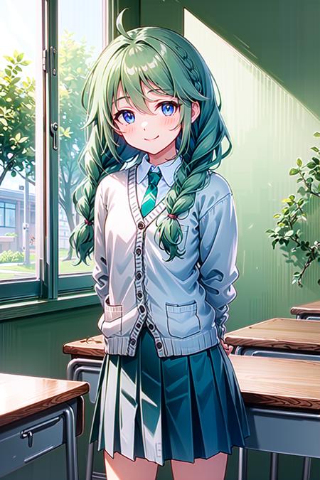 (masterpiece, best quality:1.5), <lyco:yuni-v1-000005:1.0>, yuni, long hair, blush, braid, twin braids, blue eyes, green hair, bangs, hair between eyes, ahoge, petite, teen, yunireal, skirt, school uniform, necktie, cardigan, green necktie, classroom, looking at viewer, cowboy shot, seductive smile, arms behind back,