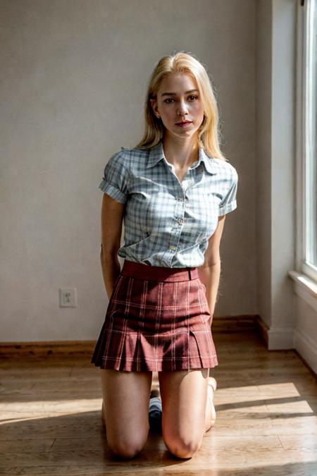 21yo girl, (perfect face:1.5), (slender body:1.2), (medium blonde hair:1.2), (male shirt:1.4), (plaid skirt:1.3), (kneeling:1.5), (naughty look:1.5), (medium natural breasts:1.3), BREAK. shallow depth of field,bokeh,natural lighting,high quality,film grain,Fujifilm XT3,8k,uhd,RAW photo,masterpiece,photorealistic,ultra-detailed,  <lora:zoom_slider_v1:-1>,