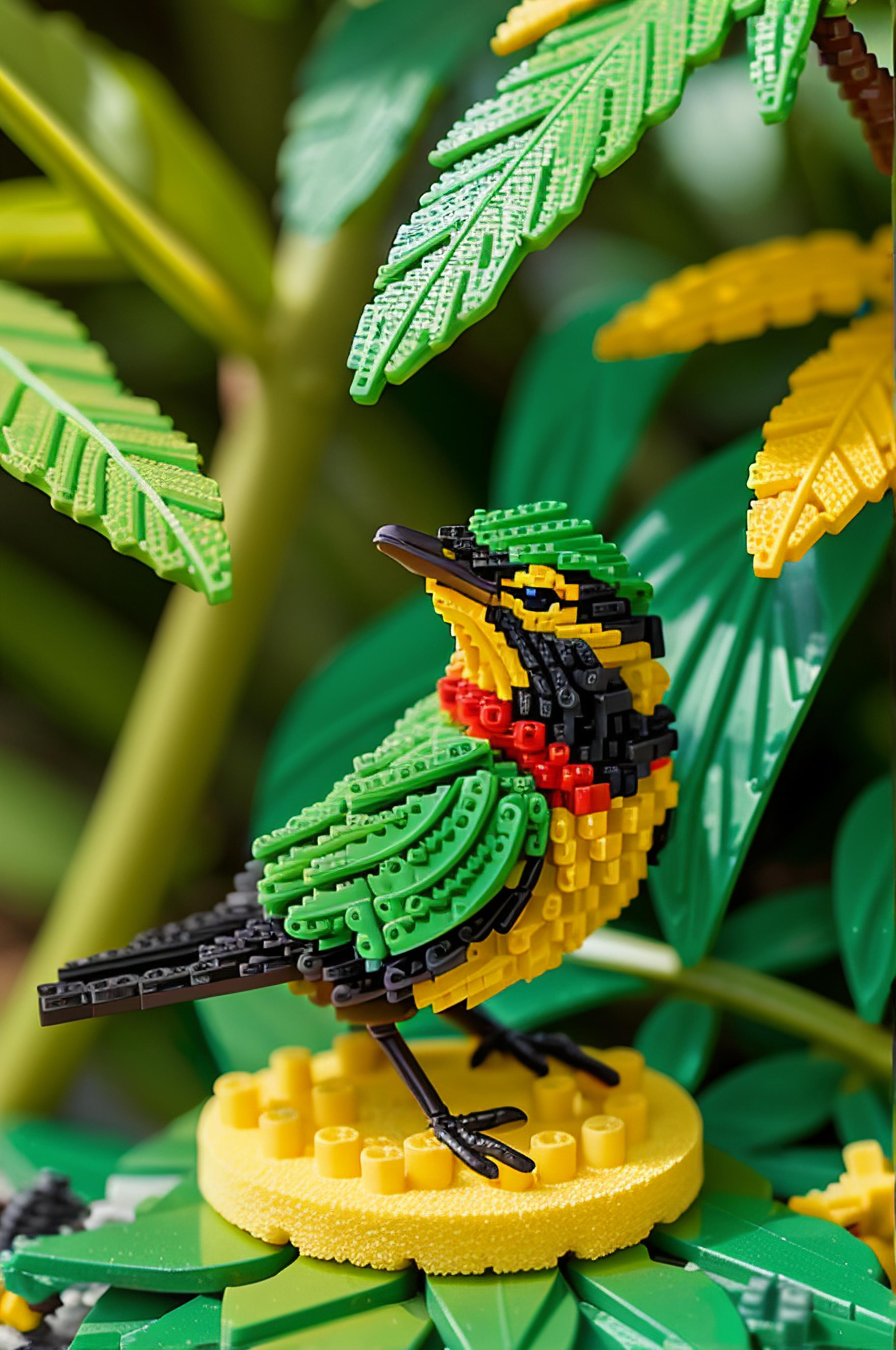 A Lego bird is sitting on a Lego tree branch.