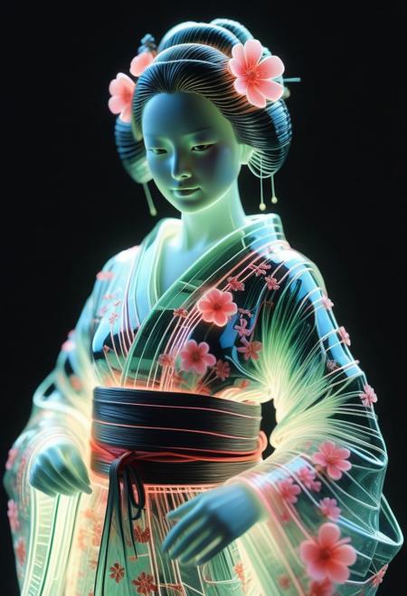 <lora:World_of_Glass_Filament:0.6> made of, tiny neon (glass:1.1) filaments, w0gf1l, Android, geisha, with robotic parts, in flowery kimono, Intricate details, 8 k, cinematic <lora:sss:0.8> subsurface scattering, sss <lora:envyStarlight_v10:0.8>