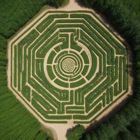 This is an aerial photograph of a corn maze shaped like the Civitai logo, located in the Summer Farm. The maze features the Civitai Hexagon logo in the center, surrounded by the words "BUZZ BUZZ." The corn is green and meticulously arranged to form the intricate design. The surrounding area includes a dirt path and some trees, with a few people walking nearby. The overall scene is vibrant and well-maintained, capturing the essence of a summer corn maze.