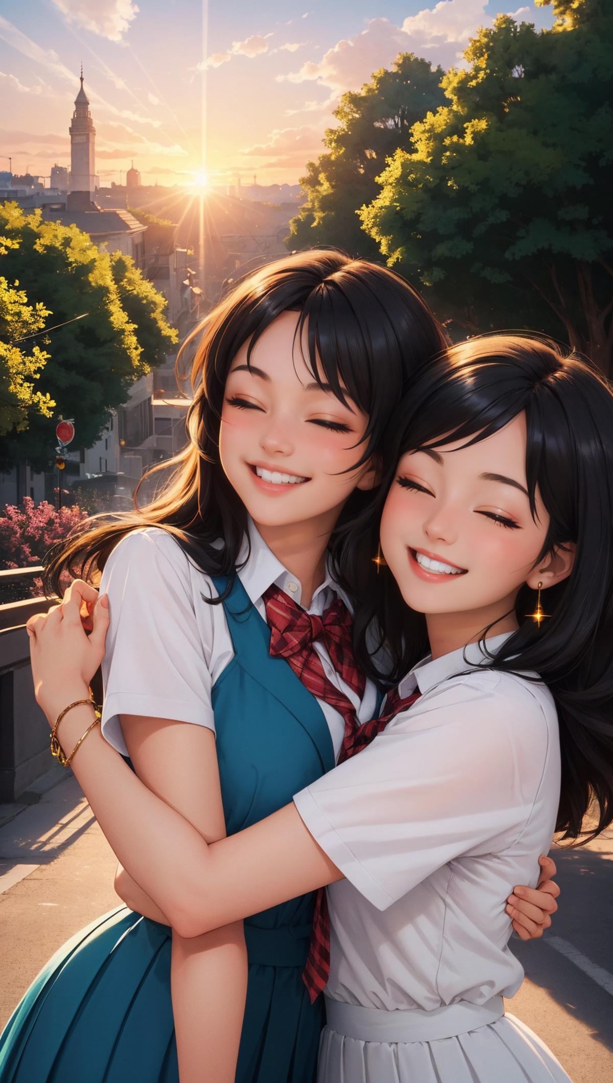 Two cartoon girls hugging with a sunny background.