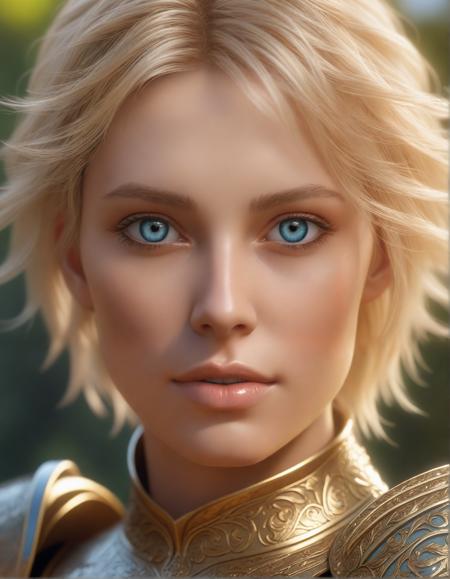 knight, short messy blond hair, blue eyes, scales, detailed armor, short hair, metallic, highly detailed painting, ornaments, gold, nice body, hyper detailed face, unreal engine, 8k, Ultra high quality, detailed face, soft natural skin, detailed reflective eyes, sparks, airy, leaves, sunlight, sunny day, sunbeams, bright colors, fantasy, concept art, digital art, flawless eyes, flawless face, flawless, beautiful detailed eyes, hyperdetailed face, complex, golden ratio, detailed, realistic, 8k uhd, high quality