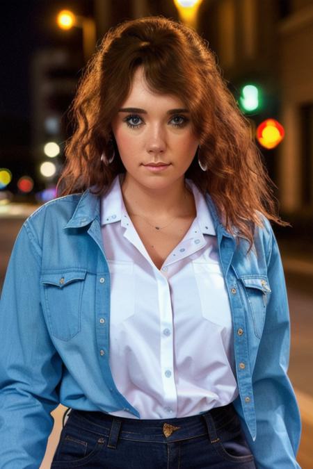 an woman downtown at midnight, perfect evening for a stroll, cute shirt, close up, perfect face, raw, 8k uhd,  <lora:marissa:1>