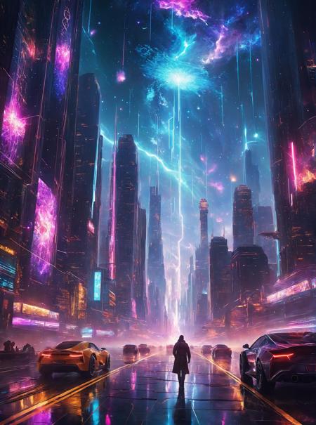A breathtaking blend of Sebastien Hue's signature style and awe-inspiring sci-fi posters, showcasing an extravagant universe where intricate patterns form hypnotic constellations of light amidst swirling nebulae <lora:add-detail-xl:1> <lora:glowneon_xl_v1:0.8> glowneon, glowing, sparks, lightning