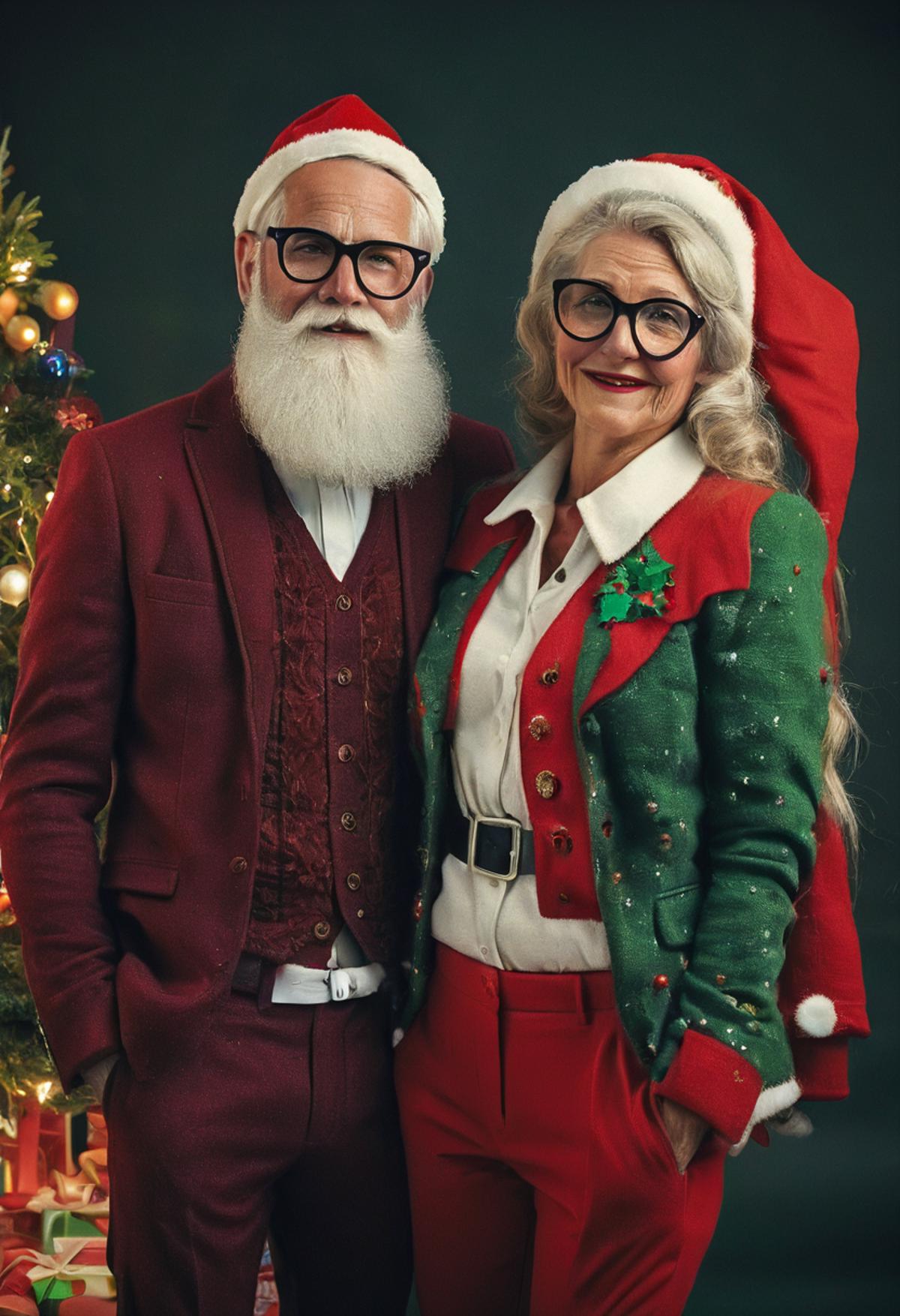 A man and a woman wearing Christmas outfits pose together.