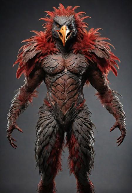 Frontal view. looking forward, looking viewer, full body, realistic professional photography, monster werebird woman, brown and red feathers, cinematic lighting, perfect shading, amazing composition, dynamic angle, 35mm photograph, best quality, masterpiece, simple gray background