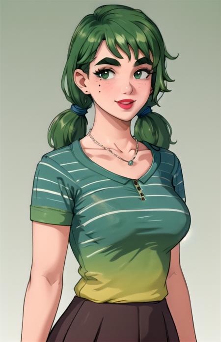 best quality, (masterpiece),(ultra-detailed), (high quality), (high resolution), <lora:caroline-10:0.7>,1girl, blue shirt, breasts, caroline, collarbone, curvy, gradient background, green background, green hair, lipstick, long hair, looking at viewer, mole on breast, necklace, pants, reference inset, shirt, short sleeves, skirt, sky, smile, solo, striped shirt, thick eyebrows, twintails, upper body,striped shirt