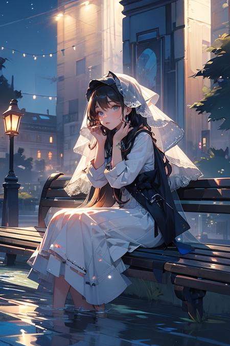 a woman in a white dress sitting on a bench next to the water at night with a veil on her head, Du Qiong, cosplay, a hologram, rococo