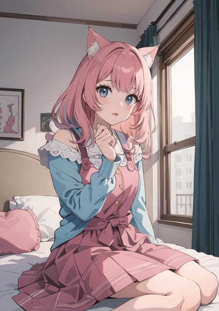 (masterpiece, best quality), 1girl, pink hair, cat girl, on bed