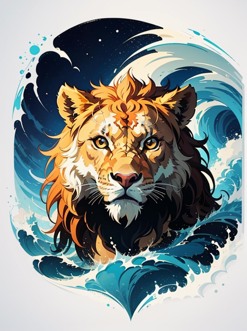 A lion's face with a blue ocean background.