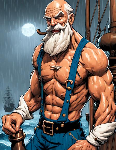 paintedcomic, illustration, modern reboot of the character 'Popeye the Sailor', old and grizzled sailor man, clean-shaven, shirtless, thin and wiry, (pipe in his mouth:1.5), (powerful oversized forearms:2), anchor and compass-rose tattoo on his chest, standing tall on the bow of a sailing ship during a (powerful storm:1.2), lighting and rain, strong wind, power pose, epic composition