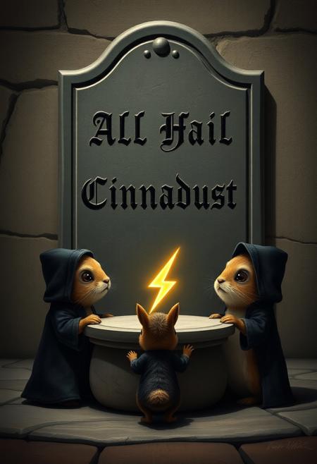 In a darkly whimsical, hyper-realistic image, a group of adorable little animals, including a rabbit, a squirrel, and a hedgehog, stand around a mysterious altar, clad in tiny, dark hooded robes that seem to swallow their tiny bodies. Their eyes gleam with an unsettling intensity as they gaze up at the altar, where a large, glowing thunderbolt sticker seems to pulsate with an otherworldly energy. The animals' robes are intricately detailed, with tiny, intricate stitching and subtle texture that creates a sense of depth and dimensionality. The altar itself is a simple, stone slab, but it seems to radiate an aura of foreboding and ritualistic power. Behind the altar, a large stone plaque is embedded into the wall, bearing the ominous inscription "All Hail Cinnadust" in bold, gothic letters. The plaque seems to loom over the animals, casting a long, ominous shadow that stretches across the floor. The overall effect is one of eerie, cult-like devotion, as if the animals are engaged in a dark and sinister ritual. Highest-Quality, 4k, intricate details, visually stunning, Masterpiece
