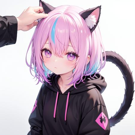 1girl,animal ears,tail,purple eyes,multicolored hair,cat ears,cat tail,hood,blush,white background,animal ear fluff,pink hair,cat girl,solo focus,long sleeves,simple background,bangs,looking at viewer,upper body,hair between eyes,purple hair,black hoodie,hoodie,closed mouth,hood down,drawstring,1other,streaked hair,collarbone,headpat,gradient hair,extra ears,medium hair,out of frame,puffy sleeves,tail raised,