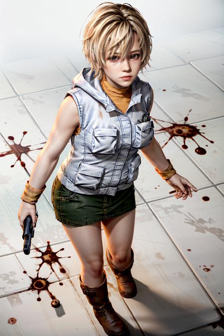 (masterpiece, best quality)
HeatherMason, 1girl, solo, short hair, skirt, brown hair, gloves, brown eyes, weapon, boots, sleeveless, miniskirt, fingerless gloves, vest, gun, blood, turtleneck, from above, pencil skirt, sleeveless turtleneck
<lora:epi_noiseoffset2:1>,  <lora:add_detail:0.7>,  <lora:HeatherMason:0.9>