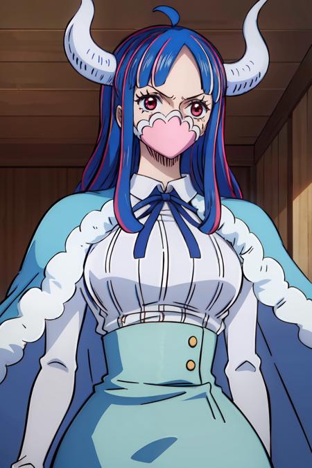 2d, masterpiece, best quality, anime, highly detailed face, highly detailed background, perfect lighting, wano, ulti, 1girl, solo, long hair, skirt, large breasts, shirt, red eyes, long sleeves, ribbon, blue hair, white shirt, pink hair, ahoge, horns, cape, blue skirt, neck ribbon, mask, high-waist skirt, mouth mask, curled horns, blue cape, ribbed shirt, <lora:wanostyle-10:1> <lora:Ulti-10:1>