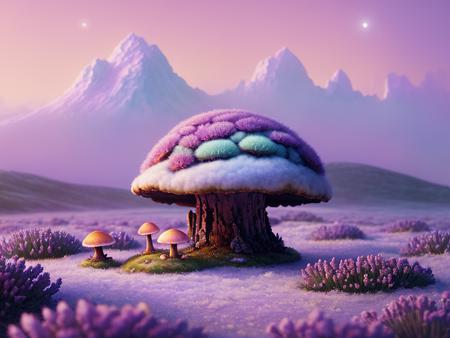 Oil painting of a cosy vintage tiny cute fungi, on a icy planet, in a. lavender haze, octane render by weta digital, exotic colorful pastel, ray traced lighting and reflections by Yoji shinkawa