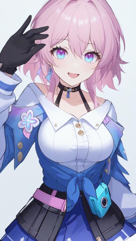 sanyueqi,<lora:sanyueqi-XL-retain-TagRemove-000001:1>,pink hair,bangs,medium hair,pink eyes,blue eyes,gradient eyes,
1girl, solo, smile, pink hair, gloves, looking at viewer, black gloves, shirt, simple background, choker, breasts, blue eyes, white shirt, grin, long sleeves, long hair, camera, multicolored eyes, bangs, black choker, skirt, single glove, jacket, fingerless gloves, partially fingerless gloves, white background, blue skirt, hair between eyes, grey background, collarbone, blue jacket, hands up, large breasts, earrings, jewelry