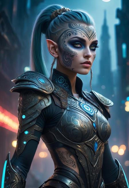 cyberpunk super hero, elf with cyberpunk makeup, very tall and muscular, tribal tattoo, stunning beauty, high detail, dynamic composition, intricate textures, regal pose, surreal surrounding, low light, nighttime setting, realistic shadows, ethereal, strong and graceful, armor, abstract background, confident and majestic, ultra-quality, expressive eyes, moonlight, thick fog, light particles shining from the moonlight