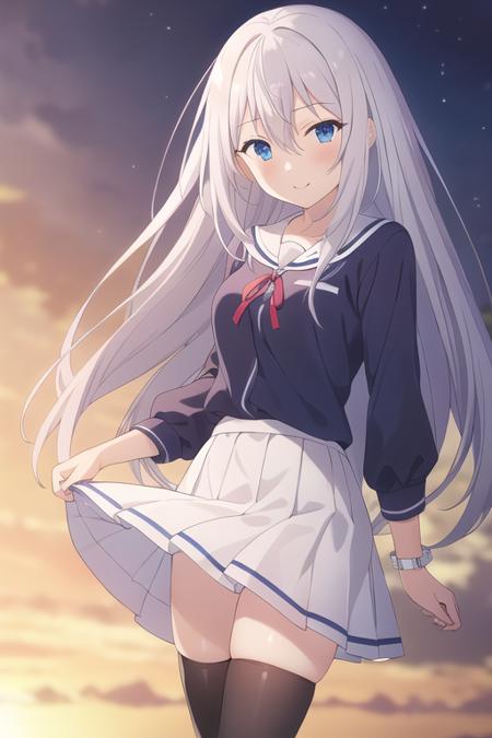 masterpiece, best quality,1girl,solo, natsukawa masuzu,blue eyes, grey hair,hair between eyes,very long hair,straight hair,neck ribbon, school uniform,white skirt,blue shirt,black thighhighs,<lora:masuzu:0.6>,
