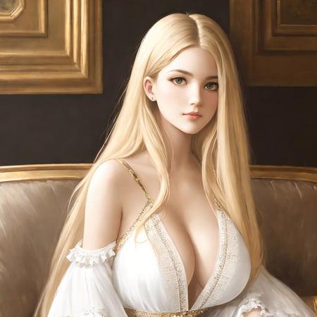 oil painting, Victorian 16yo teenager girl wearing white dress sitting sofa, blonde long hair, by Ross Tran & michael garmash & Terry O'Neill, FEMININE, (PERFECT FACE, SEXY LIP), (SHARP DETAILED Face & eyes:1.2), smirk, (cleavage of huge breasts:1.2), pov, full body, (INTRICATE, HIGH DETAIL:1.1)