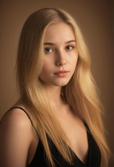 A beautiful portrait of a young woman ((full body)) with fair skin, long blonde hair.  She is 20 years old and exudes a confident and seductive aura. The background is a subtle mix of warm and cool tones, creating a depth effect that emphasizes the beauty of the person portrayed. The lighting is soft and natural, with a golden glow illuminating her face., portrait photography