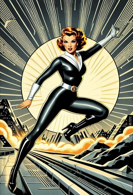 Picture a retro-futuristic scene featuring a glamorous female figure in a dynamic action pose, reminiscent of 1940s Hollywood pin-up glamour and adventure comics. The scene is rendered with bold, clean lines and soft lighting, emphasizing the heroic stance and classic adventure aesthetic. The color palette is vibrant, drawing inspiration from vintage comic art. The overall style evokes a sense of nostalgia and excitement, blending retro and futuristic elements seamlessly. Charcoal and Pencil technique.