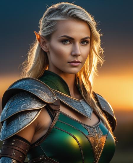 long shot scenic professional photograph, photo of elf female, with his warrior outfit, looking proudly towards the twilight horizon, its armour is finely sculpted, Colourful design, looking at viewer, seductive expression, (body shot:1. 3), Studio lighting, shot using a Lumix GH5 in the High detail, intricate, detailed face, detailed eyes, detailed skin, Plain Backdropmasterpiece, (raw photo, 8k uhd, film grain), subsurface scattering, reflections, by Stefan Gesell, HDR, UHD,