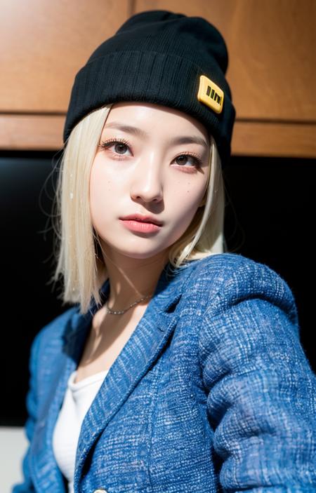 saerom,woman,smile,happy face,perfect photography,Nikon RAW photo,8 k,Fujifilm XT3,(long hair),(ash blonde:1.2),(beanie:1.2),(close-up photo:1.2),(look at viewer:1.2), octane render, 35mm, bokeh, 9:16, (intricate details:1.12), hdr, (intricate details, hyperdetailed:1.15), realistic, (natural skin texture, hyperrealism, soft light, sharp:1.2), masterpiece, best quality, realistic, photorealistic,ultra detailed,perfect lighting,slim,portrait photo,(black croptop,denim short,blazer),slim,slender, (ootd), cyberpunk, neon light, <lora:saerom-byhighwizardSver:1>