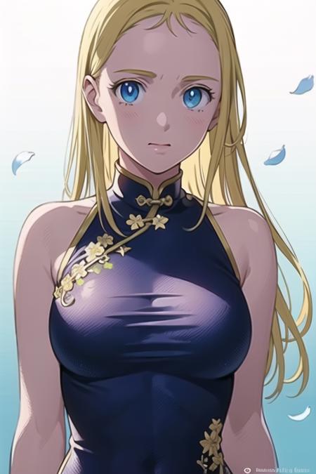 (full body), blonde hair, blue eyes, (china dress:1.5), ultra realistic details, (8k, RAW photo, best quality, masterpiece:1.2), (finely detailed beautiful eyes: 1.2), ((1girl)), ((solo)), large breasts, (finely detailed eyes and detailed face:1.3), (beautiful and clear background:1.2), (extremely detailed CG, ultra-detailed, best shadow:1.1), ((depth of field)), (watercolor), , bare shoulders, flowers and petals, beautiful concept illustration, (white background:0.5), (illustration:1.1), (extremely fine and beautiful:1.1), (perfect details:1.1),  <lora:ushio_V1:0.65>