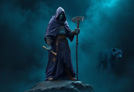 Generate a highly detailed, photorealistic image of a steampunk-inspired lich. The lich should be unmasked, wearing a full-body purple cloak, and standing on a rock amidst a dark blue mist. Include an axe and a shepherd's crook as props, with the blue panther visible in the background. Ensure the image is hi-fructose, with lifelike details and a dark vignette. Apply the golden ratio and aim for an ultra-detailed, gritty, and dramatic effect. The output should be in 4K or 8K resolution, with a focus on trending styles as seen on Artstation.